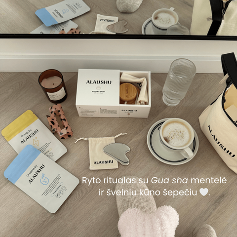 ALAUSHU® Švelnus kūno šepetys sausam kūno masažui ir odos priežiūros priemonės.