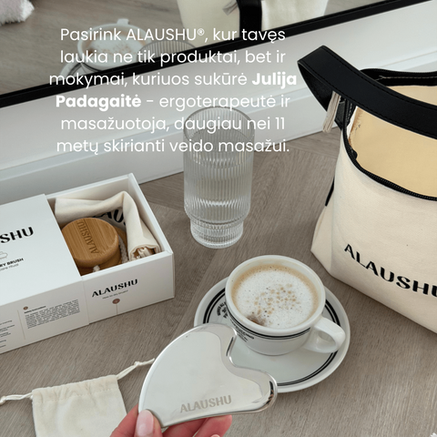 ALAUSHU® Švelnus kūno šepetys sausam kūno masažui ir Gua Sha mentelė veido masažui.